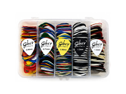 Gibz's by Softline Pro Assorted Guitar Picks Box of 500 Pcs (0.46mm, 0.71mm, 0.96mm, 1.2mm & 1.5mm) Multi-Thickness Plectrum Set for Acoustic Guitar, Electric Guitar, Bass, Ukulele & Mandolin