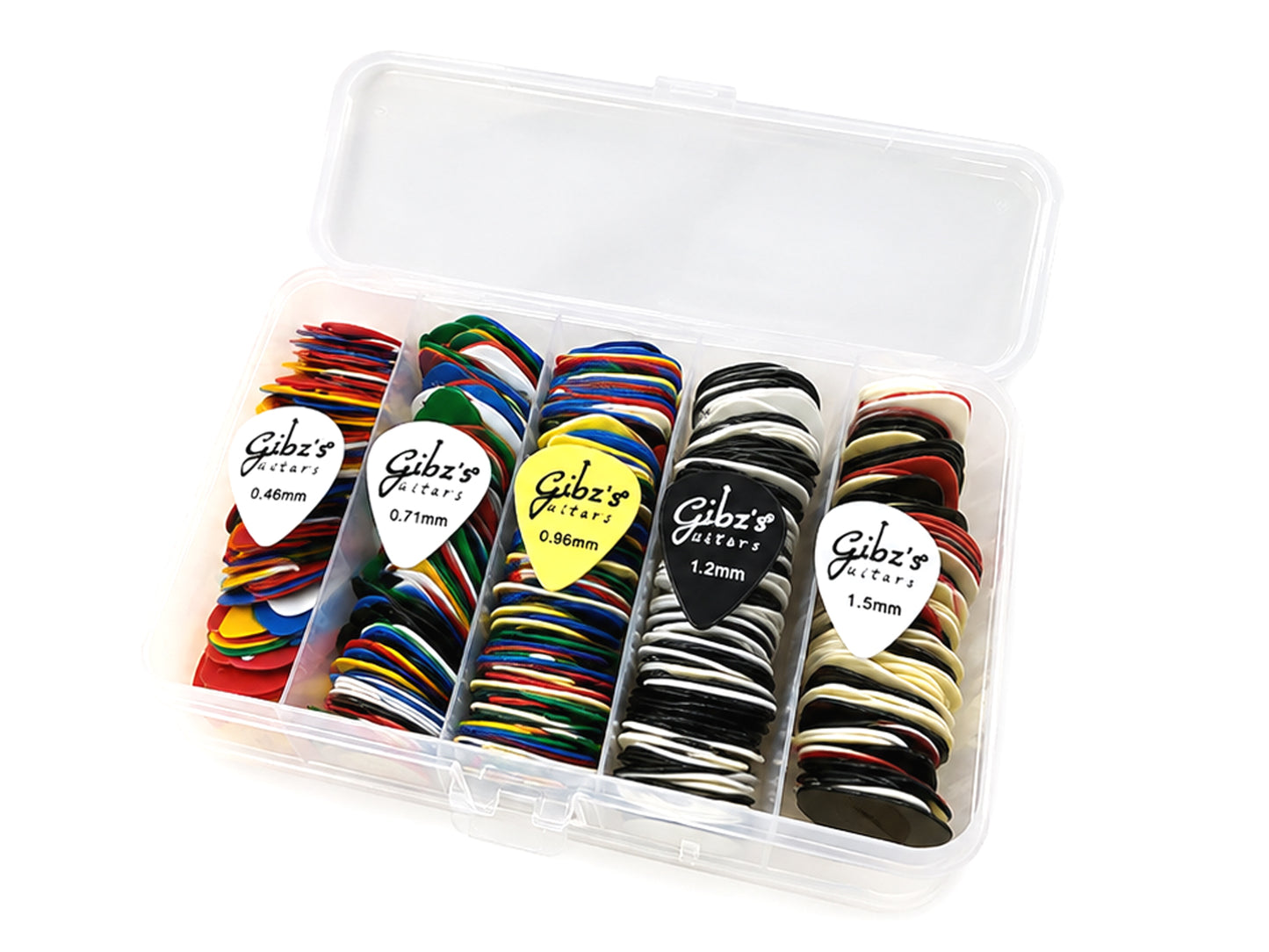 Gibz's by Softline Pro Assorted Guitar Picks Box of 500 Pcs (0.46mm, 0.71mm, 0.96mm, 1.2mm & 1.5mm) Multi-Thickness Plectrum Set for Acoustic Guitar, Electric Guitar, Bass, Ukulele & Mandolin