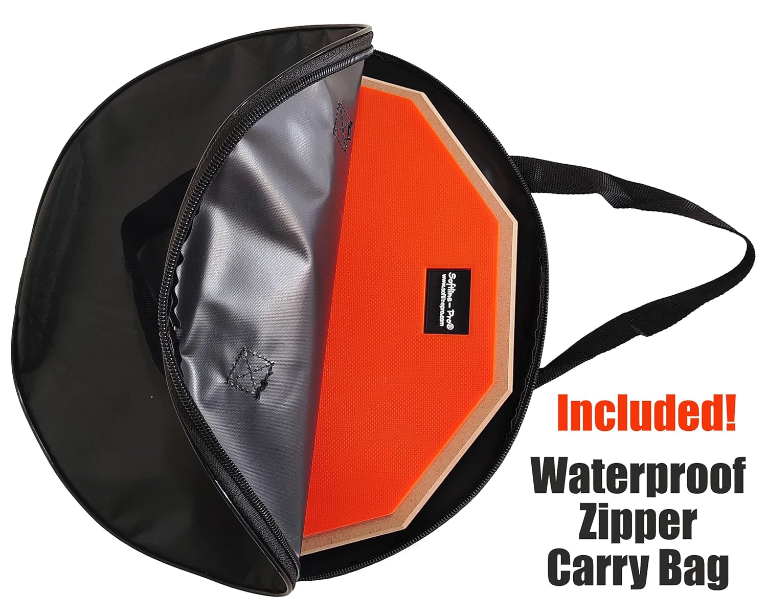 Orange octagonal paddle with a black waterproof zipper carry bag on a white background