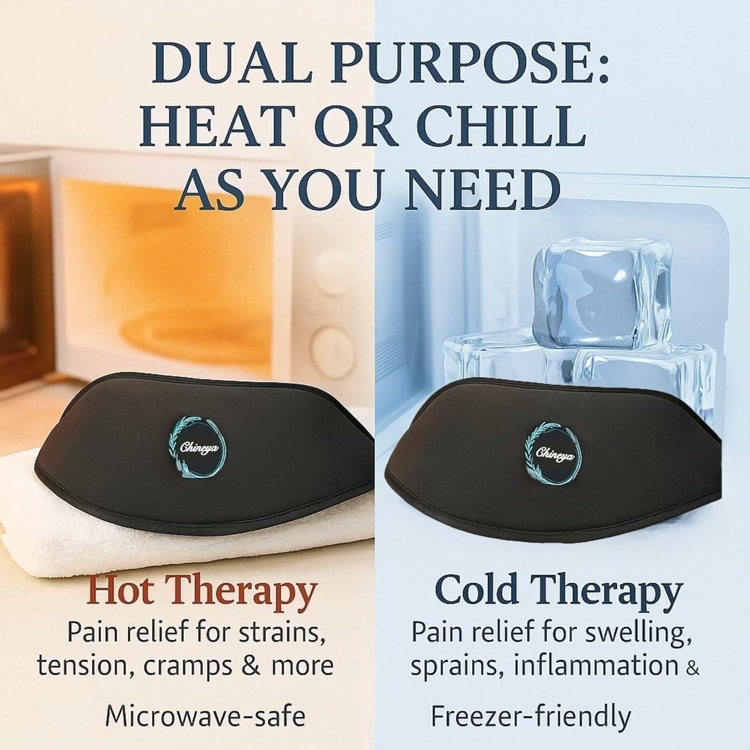 Black heating pad with text indicating dual purpose for heat or chill therapy, shown with a microwave and freezer.
