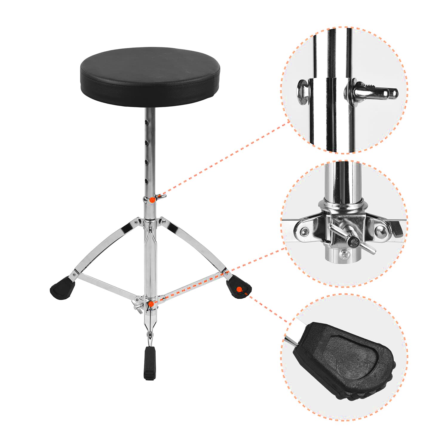 View of double-braced tripod legs on SP36-C drum stool chrome