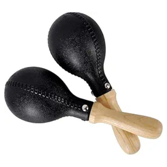 A pair of black maracas with wooden handles, featuring a smooth polished wooden surface and an ABS shell.
