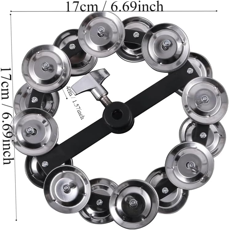 Tambourine with metal jingles and dimensions labeled