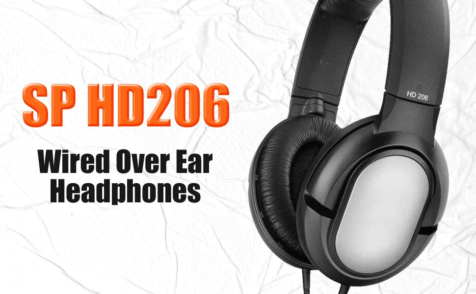 Black over-ear headphones with 'SP HD206' text on a white background