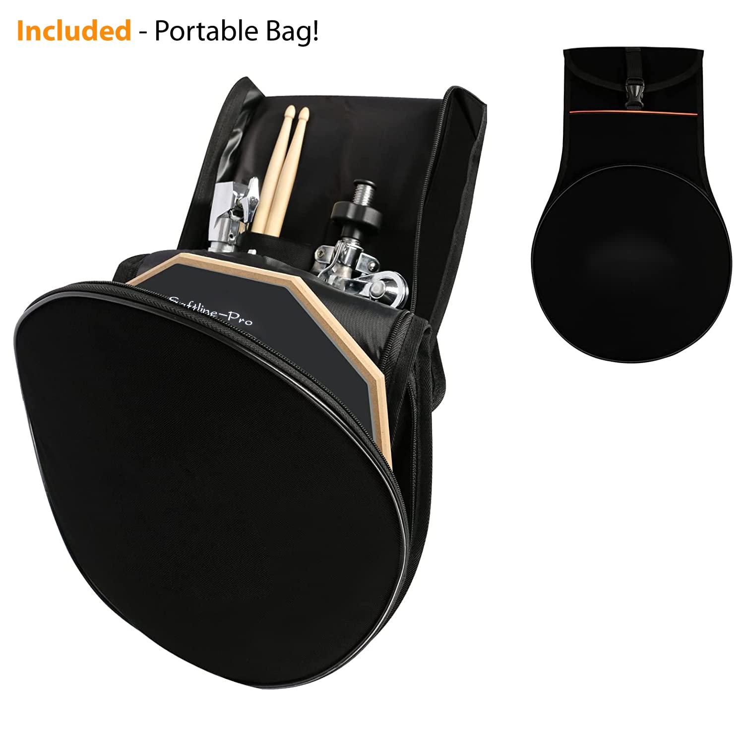 Black drum pad with accessories and a portable bag on a white background