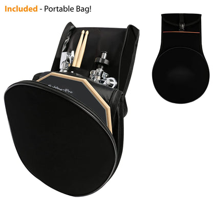 Black drum pad with accessories and a portable bag on a white background