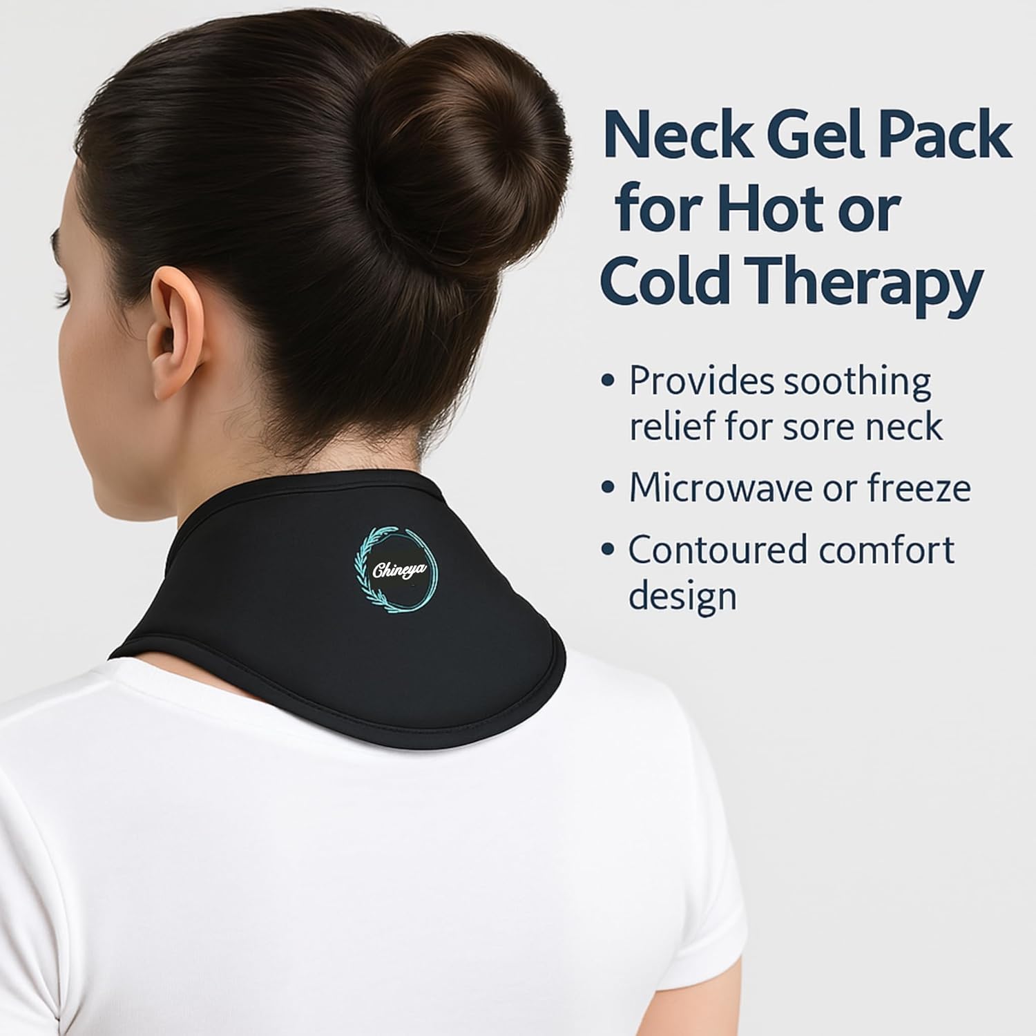 Person wearing a neck gel pack with product details on a white background