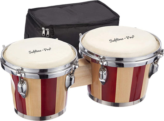 Pair of red and beige bongo drums with a black carrying case on a white background