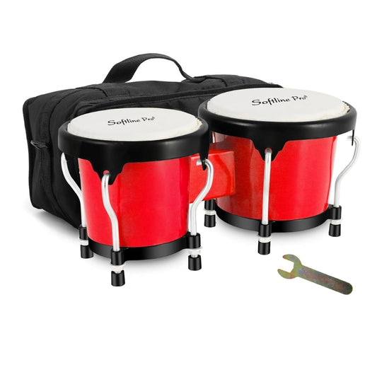 set of red Softline Pro bongo drums with metal and ABS body, including a tuning wrench and a black padded carrying bag.