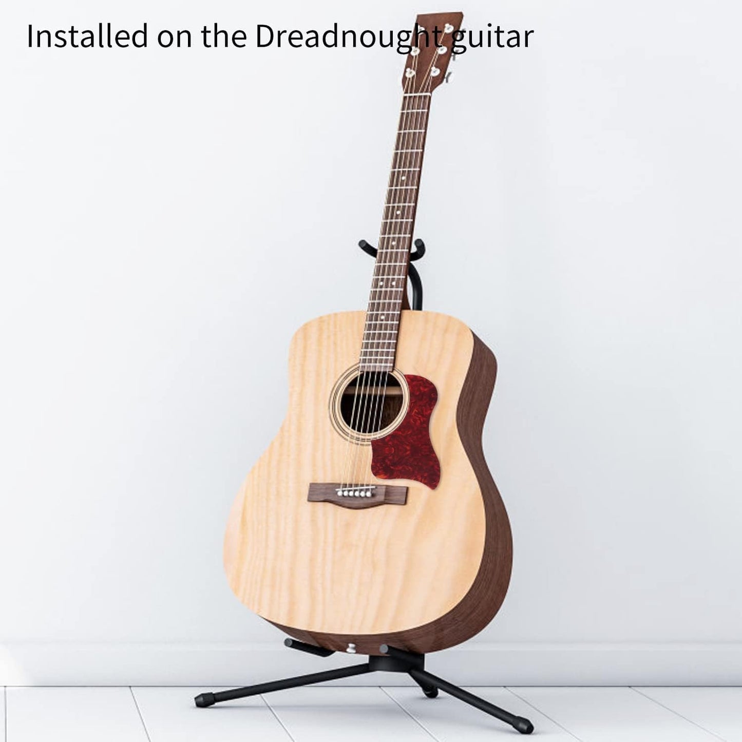 Acoustic guitar on a stand with text 'Installed on the Dreadnought guitar' on a white background