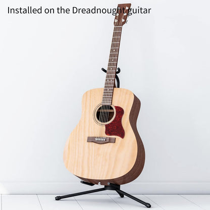 Acoustic guitar on a stand with text 'Installed on the Dreadnought guitar' on a white background