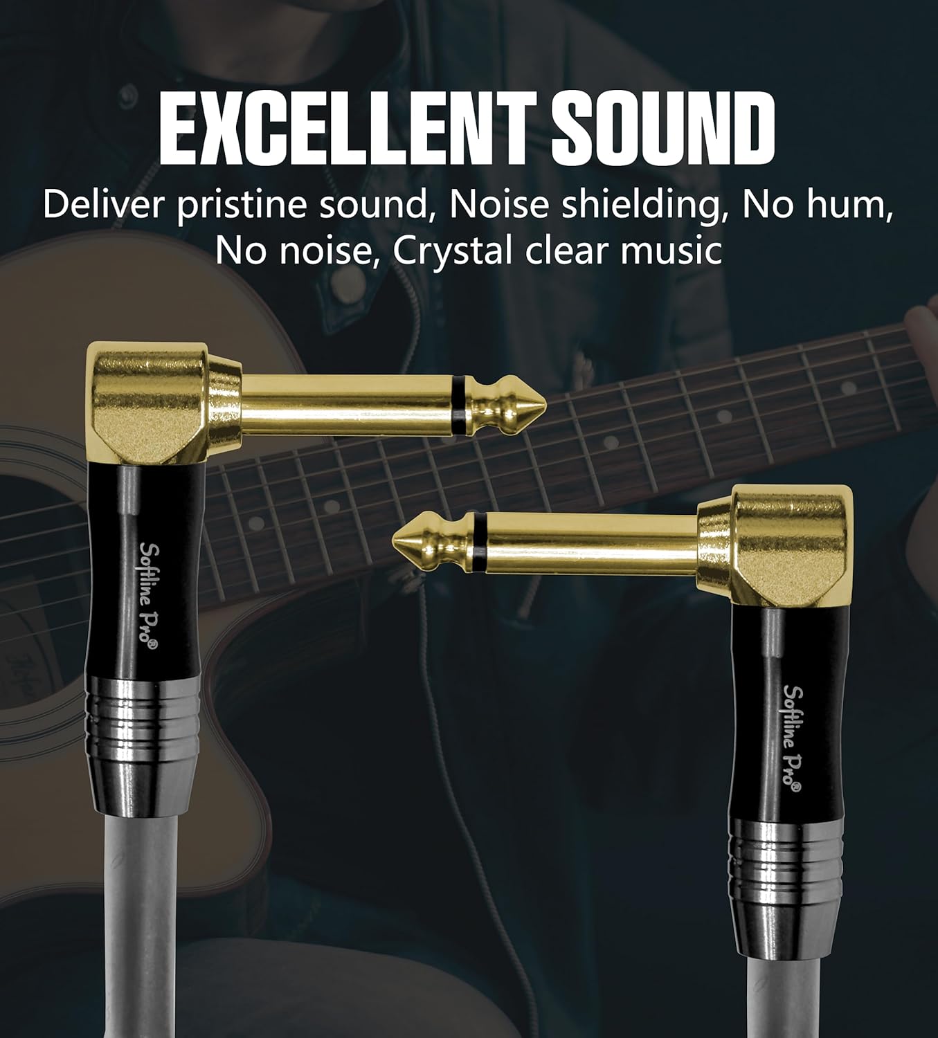 Guitar cable with gold connectors and text about excellent sound quality on a blurred guitar background.