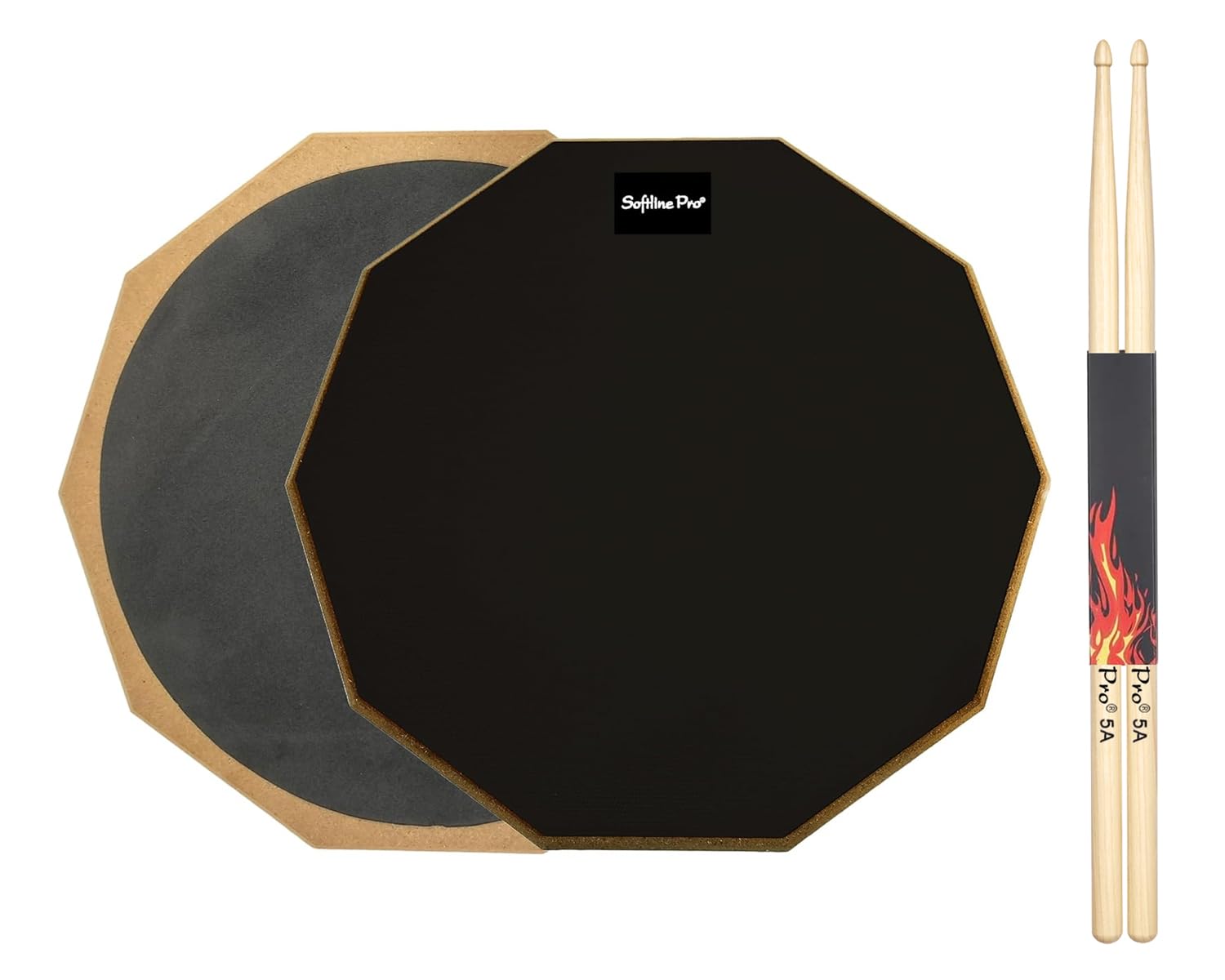 Drum practice pad with black and gray surface, wooden border, and two drumsticks with a brand logo on a white background.