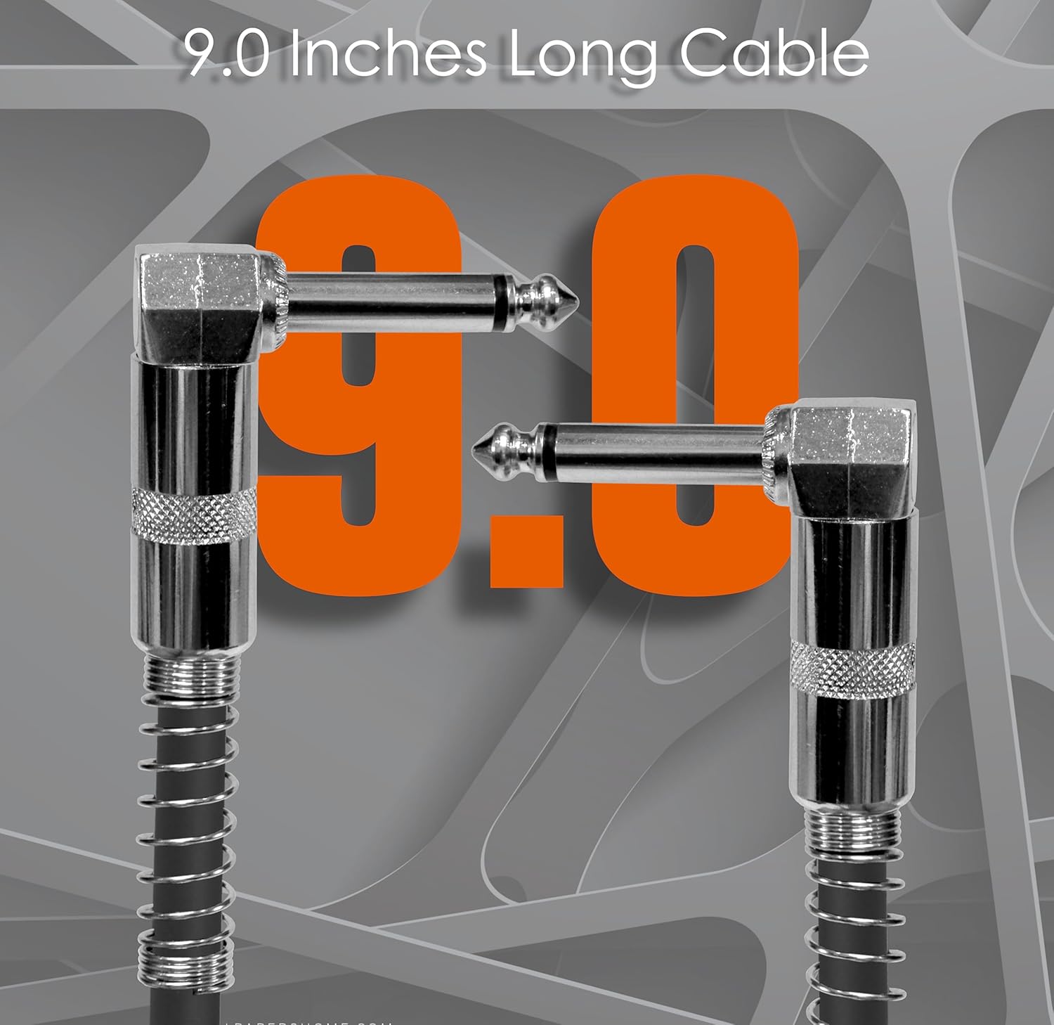 9-inch long cable with silver connectors on a gray background
