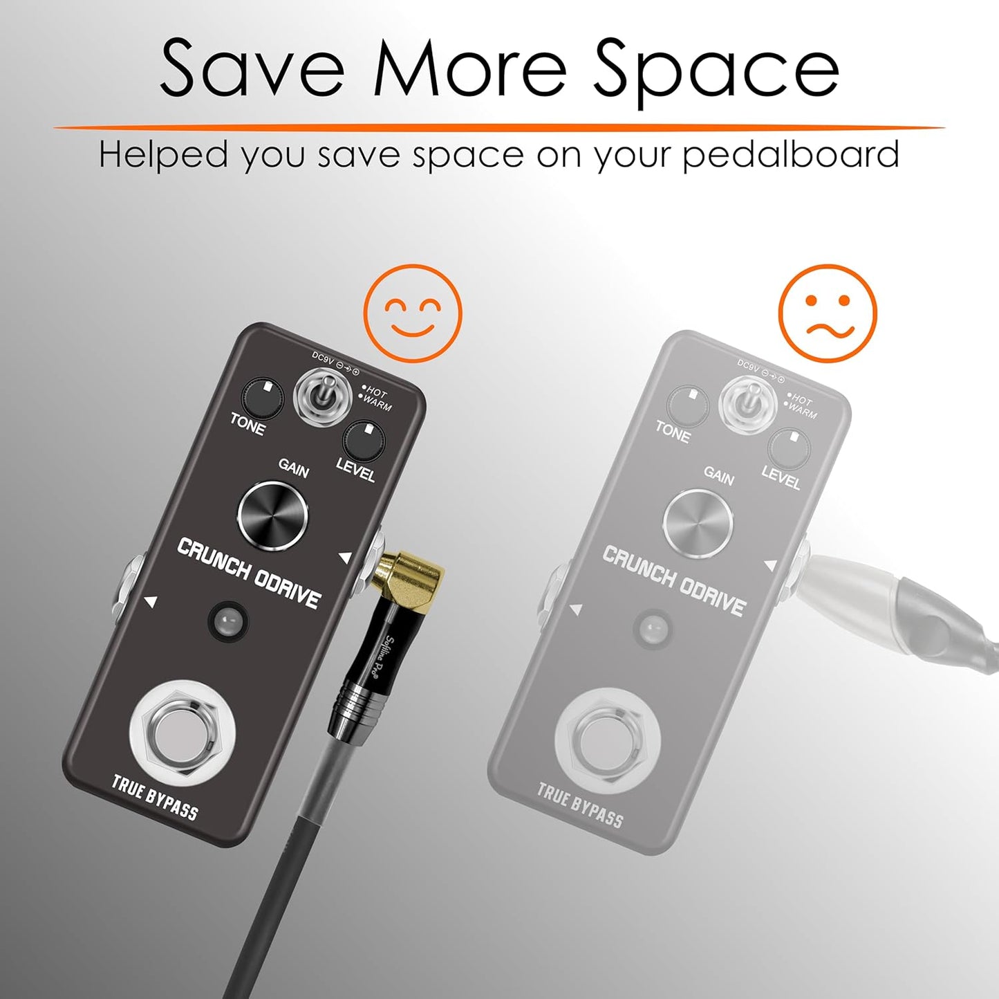 Two guitar effect pedals labeled 'Crunch Overdrive' with cables on a gray background.