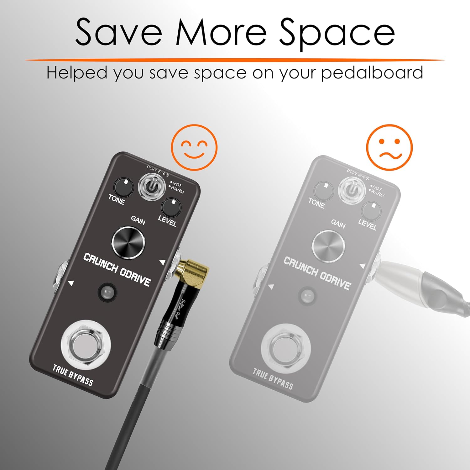 Two guitar effect pedals labeled 'Crunch Overdrive' with cables on a gray background.