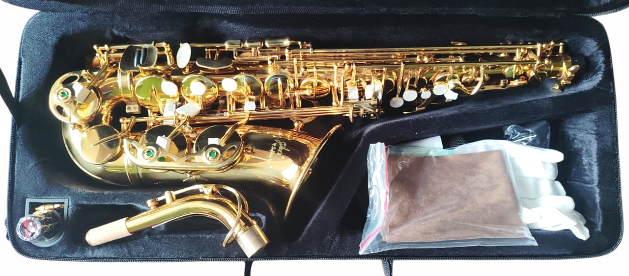 Gibz's Brass Alto Saxophone in Gold Lacquer Finish with Hard Carry Case, Neck Belt, Gloves & Extra Reed Professional Saxophone for Beginners, Students & Stage Performers