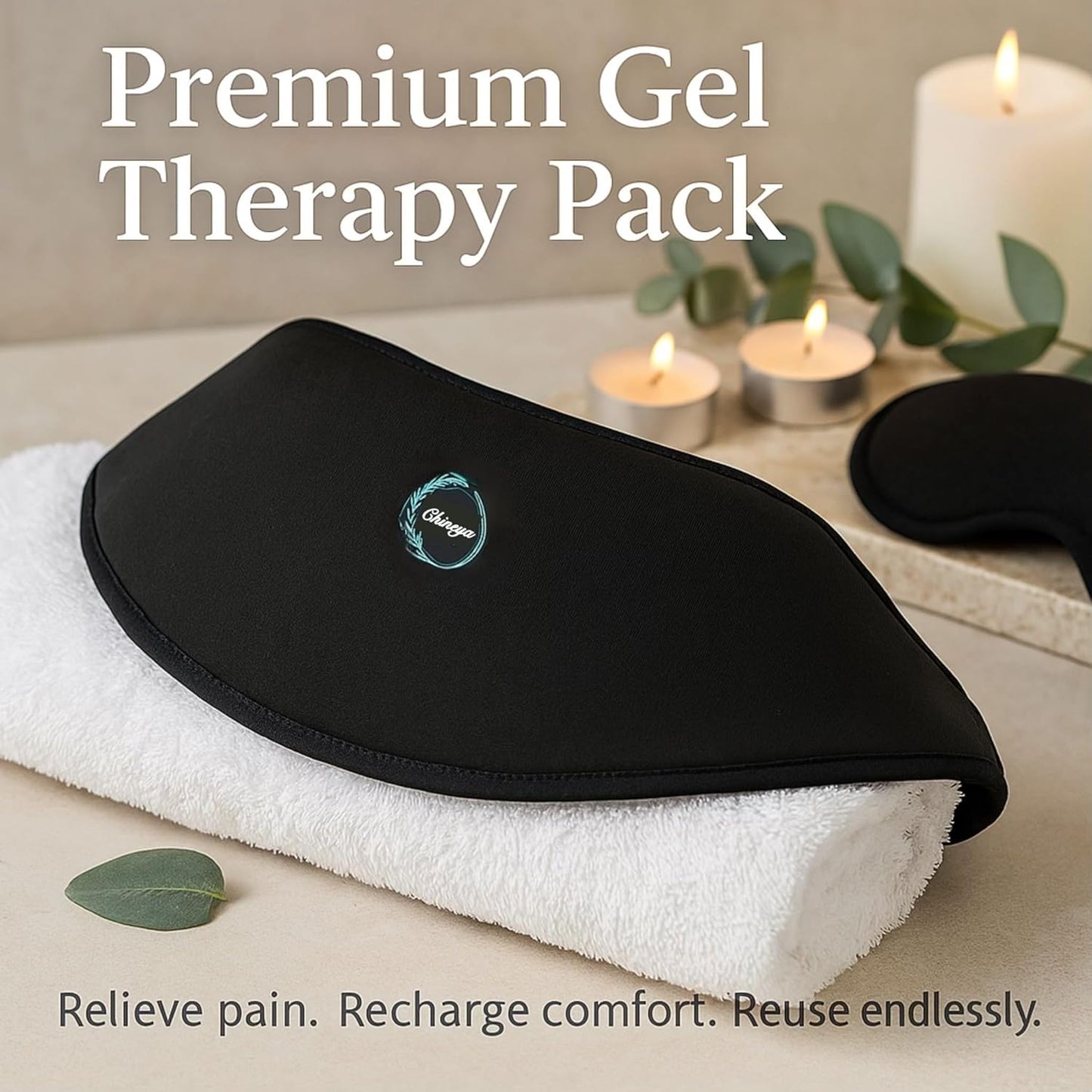 Black gel therapy pack on a white towel with candles and greenery in the background