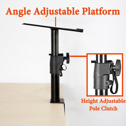 Side view of SP81 studio speaker stand clamped on desk,  
Studio monitor stands for desk