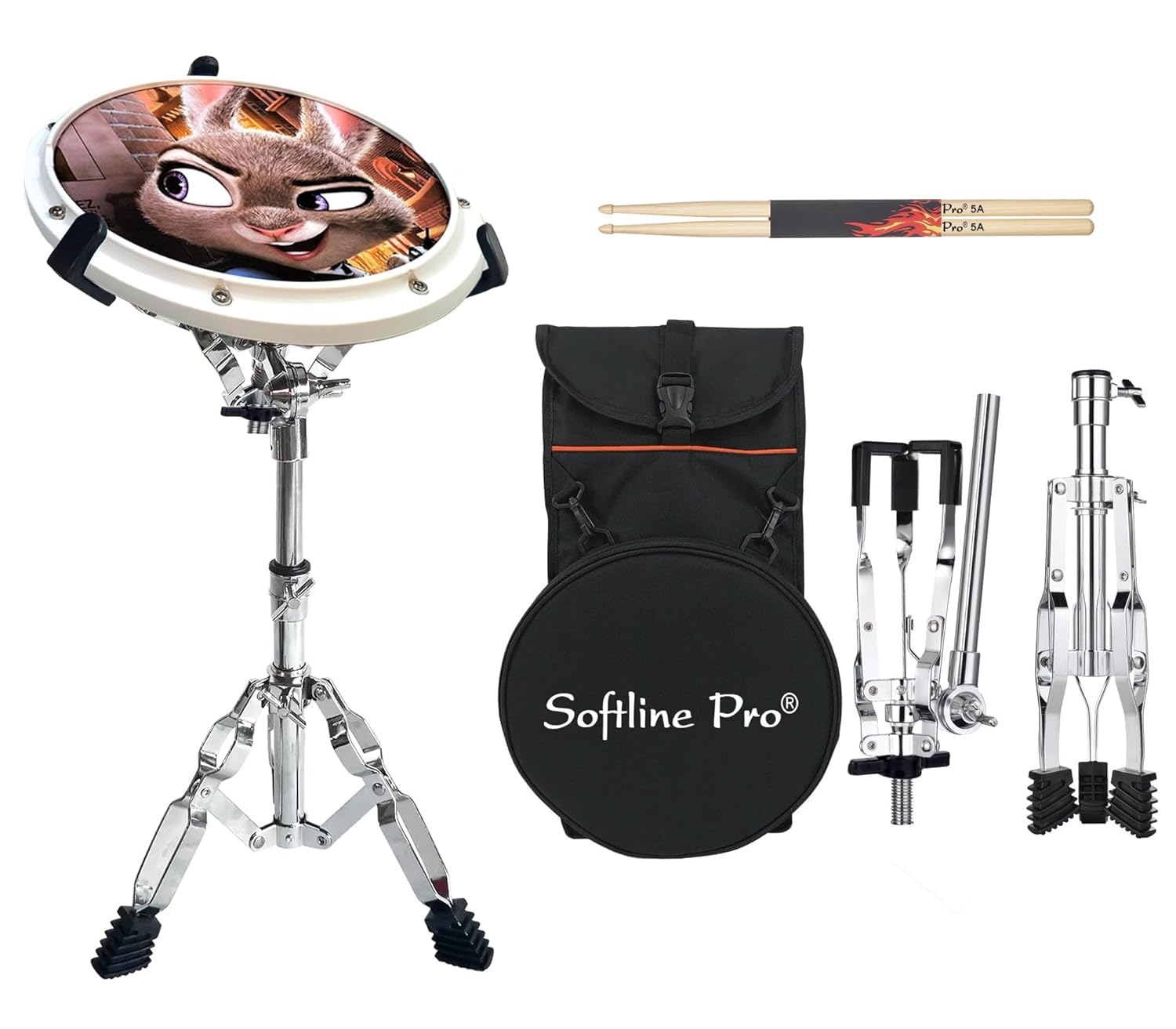 Drum practice pad with stand, drumsticks, and accessories on a white background