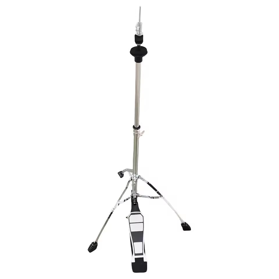 Drum stand with a black and white striped foot pad on a white background
