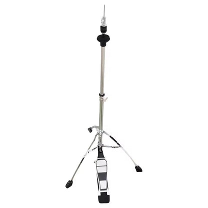Drum stand with a black and white striped foot pad on a white background