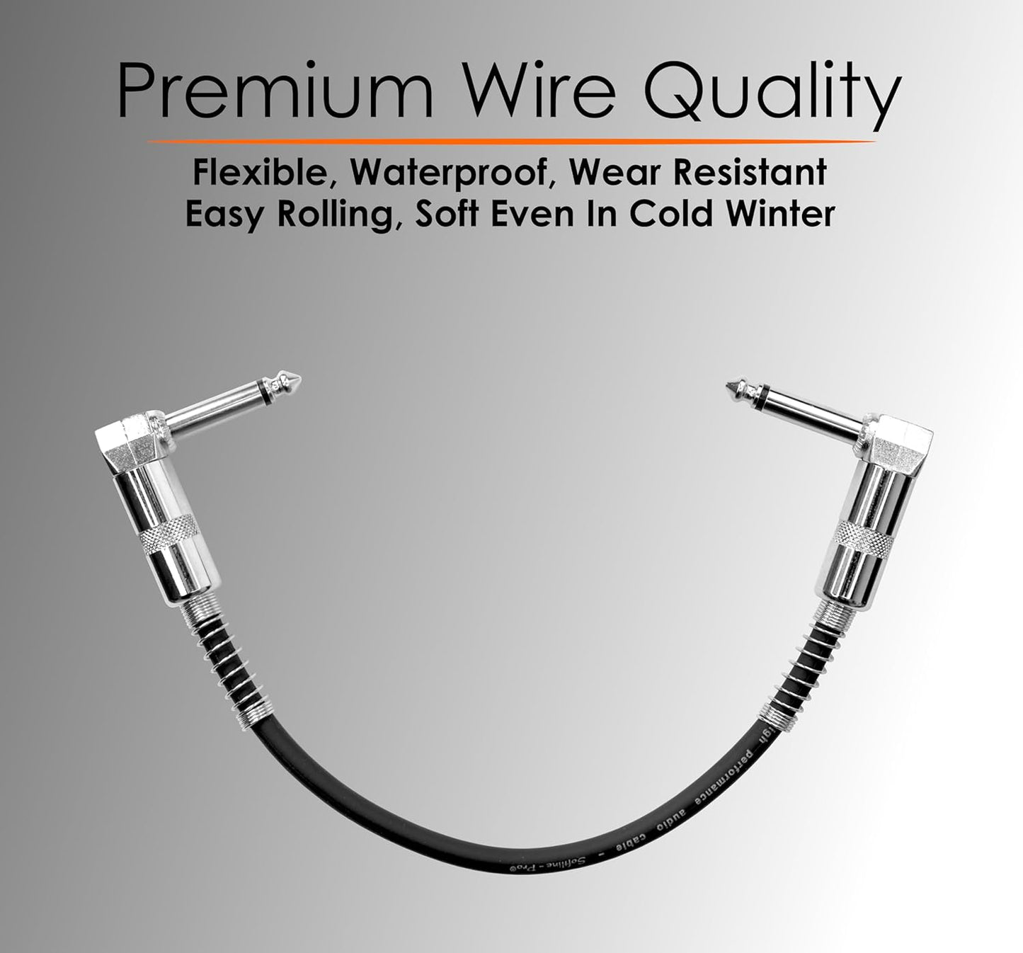 Black audio cable with silver connectors on a gray background, featuring text about premium wire quality.