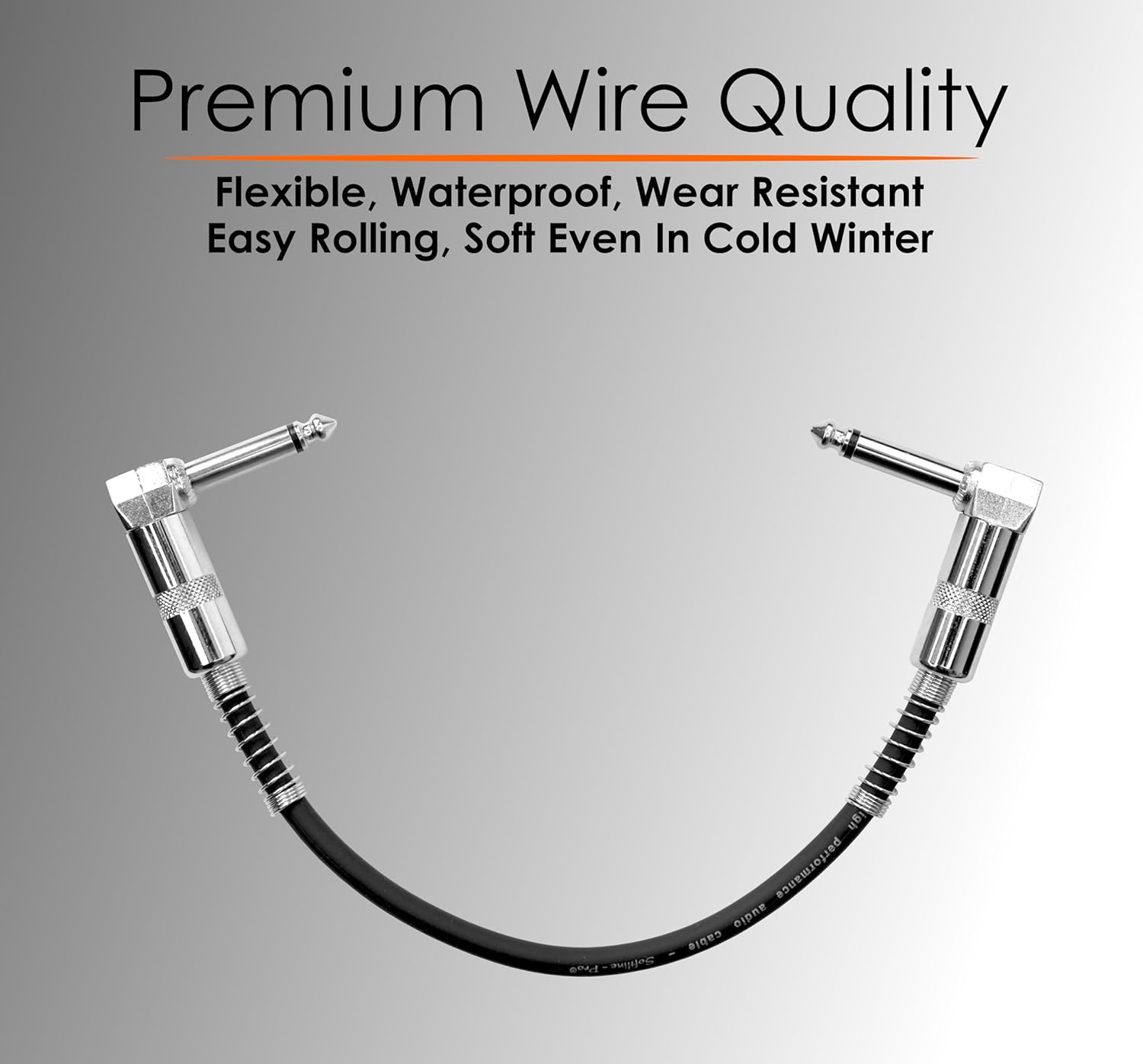 Black audio cable with silver connectors on a gray background, featuring text about premium wire quality.