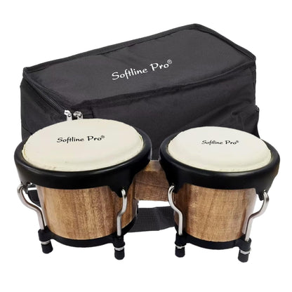 Softline Pro Bongo Drum Set with Tuning Wrench Professional Wooden Percussion Instrument for Beginner Adults Kids (Natural Skin) (Tobacco)