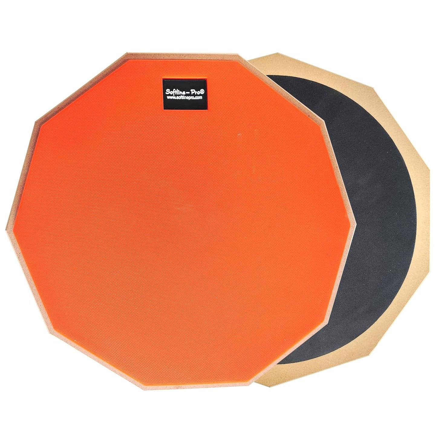 Two octagonal drum practice pads, one orange and one black, on a white background.