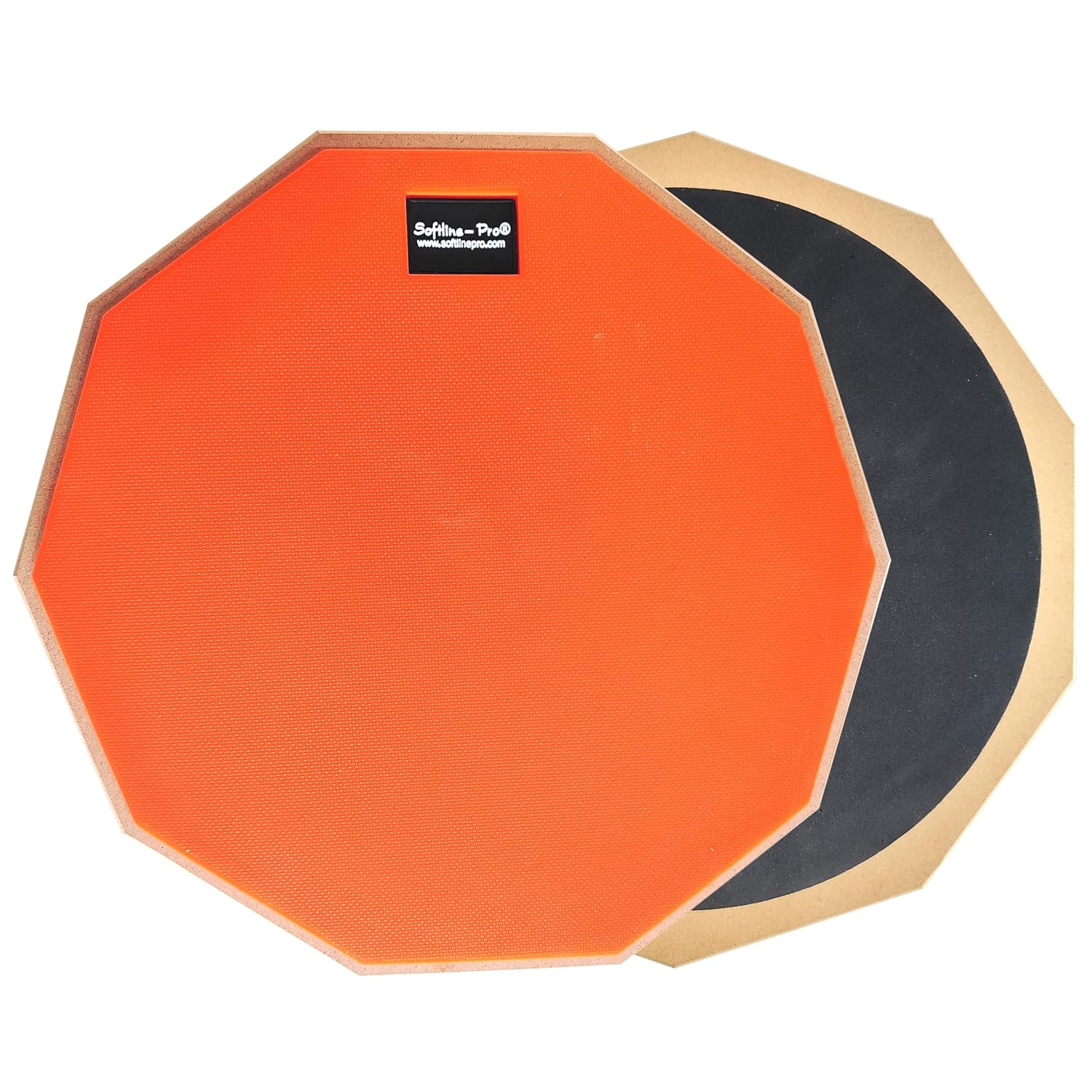 Two octagonal drum practice pads, one orange and one black, on a white background.