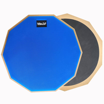 Two drum practice pads, one blue and one black, with a brand label on a white background.