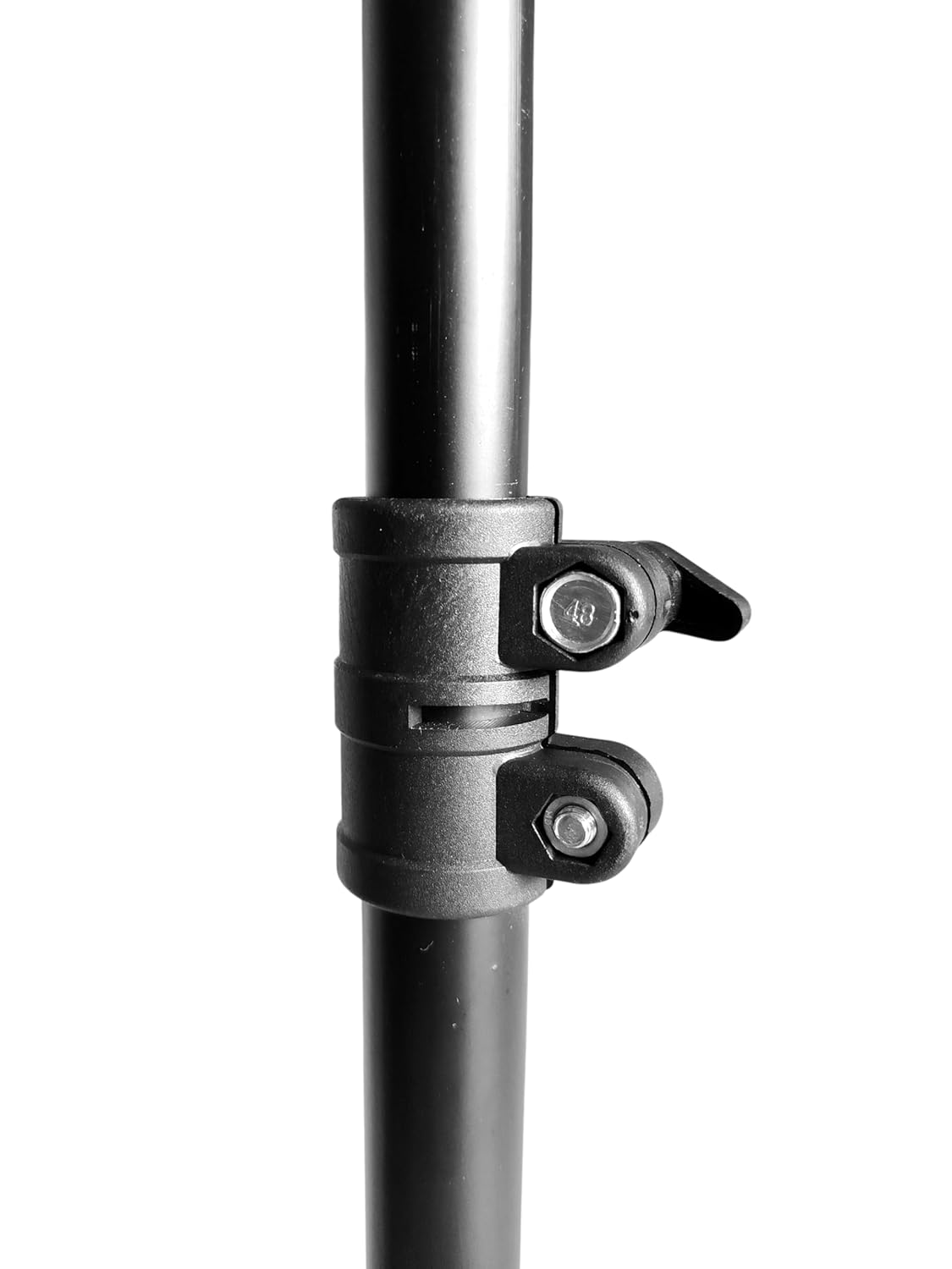Close-up of a black metal rod with adjustable clamps on a white background