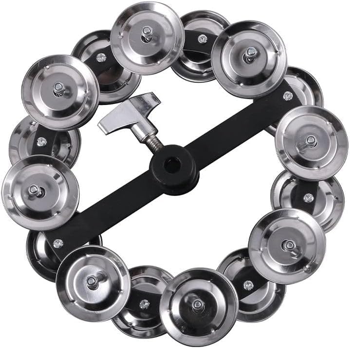 Metal tambourine with silver jingles on a white background