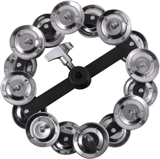 Metal tambourine with silver jingles on a white background