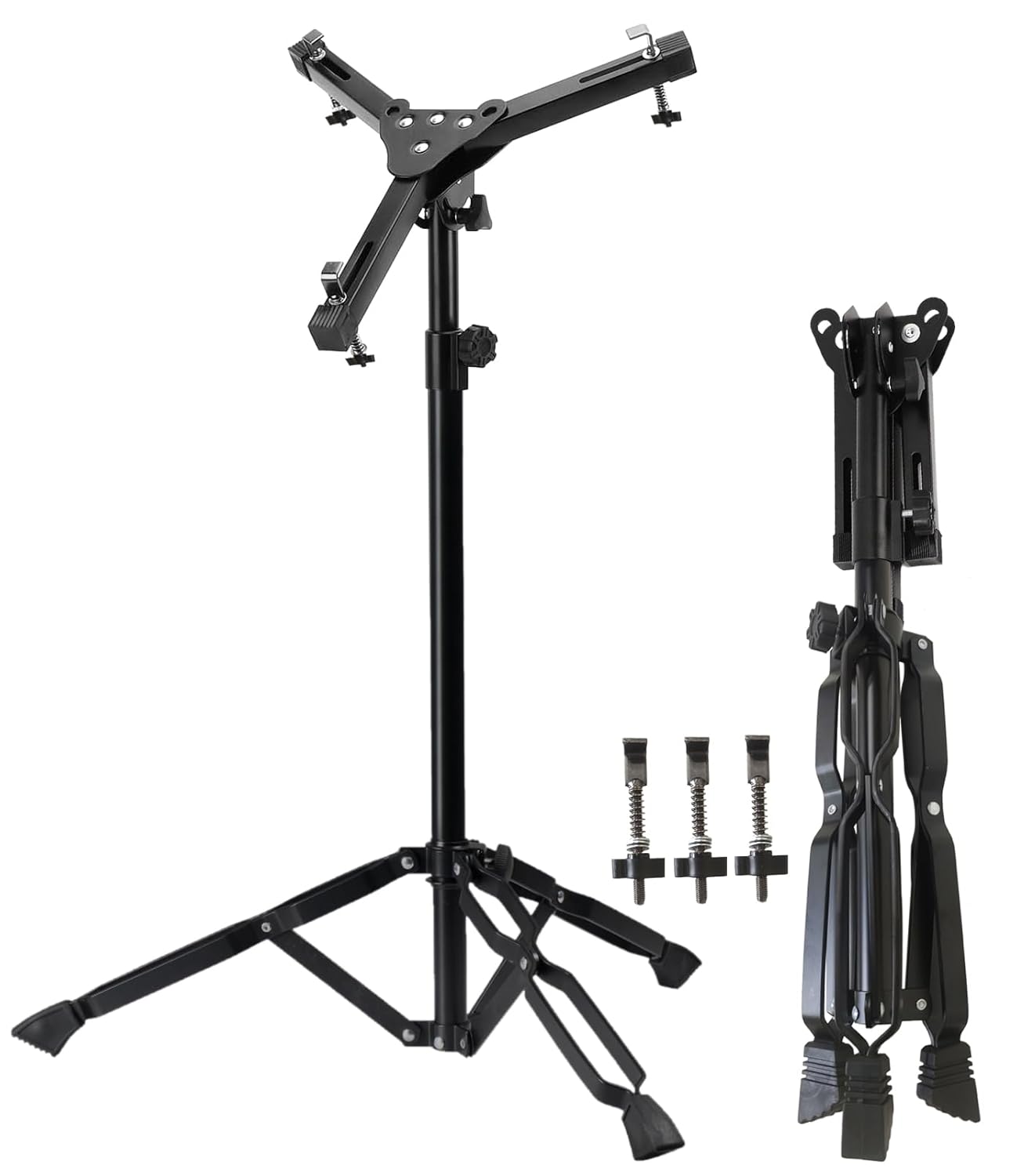 Black adjustable stand with additional components on a white background