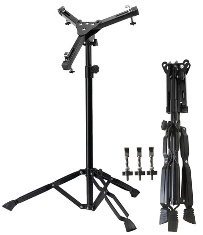 Black adjustable stand with additional components on a white background