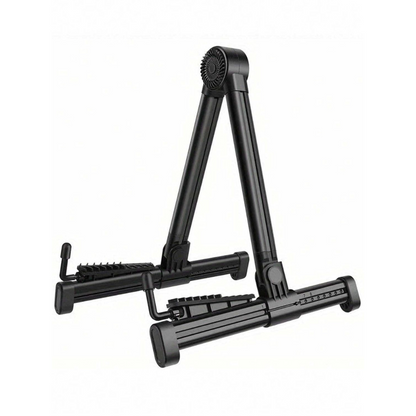Black folding A-frame guitar stand with adjustable arms for various string instruments.