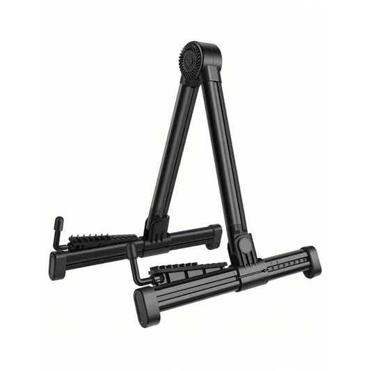Black folding A-frame guitar stand with adjustable arms for various string instruments.