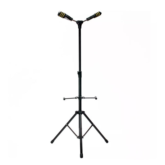 An adjustable guitar stand with an auto lock system and folding tripod base, featuring a neck holder. The stand is made of heavy-duty metal and is colored black.
