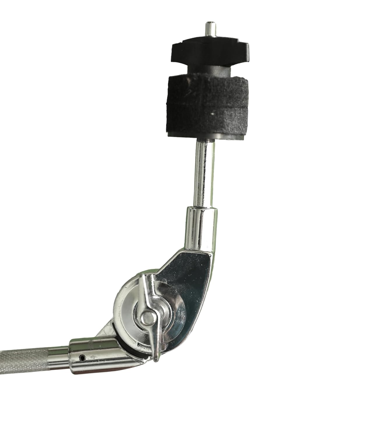 Close-up of a metal rod with a black cushioned end on a white background