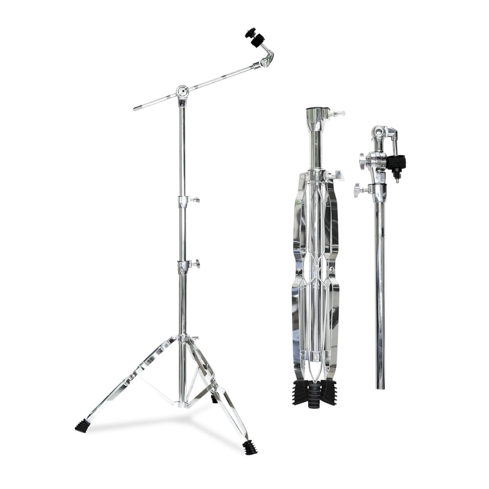A double-braced cymbal stand with adjustable height and boom arm, made of stainless steel with rubber feet.