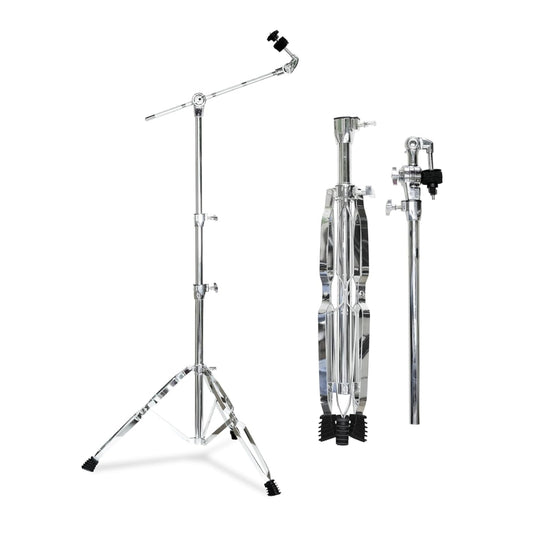 A double-braced cymbal stand with adjustable height and boom arm, made of stainless steel with rubber feet.
