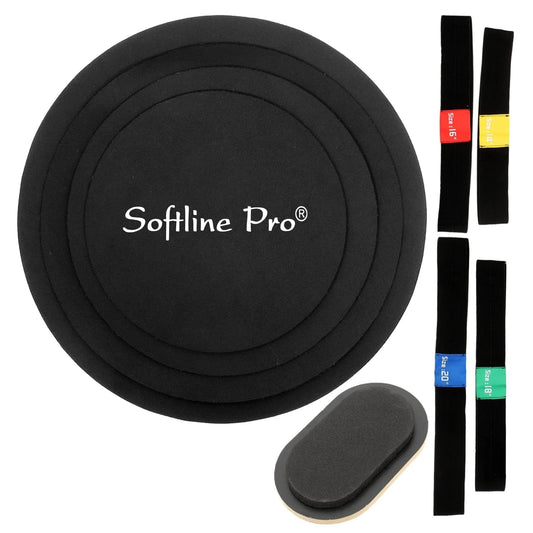 Black exercise disc with 'Softline Pro' branding and resistance bands on a white background