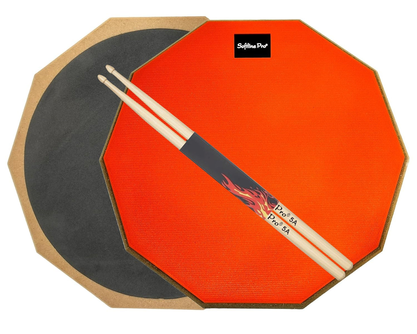 Drum practice pad with black and orange sides and a drumstick on an orange side.