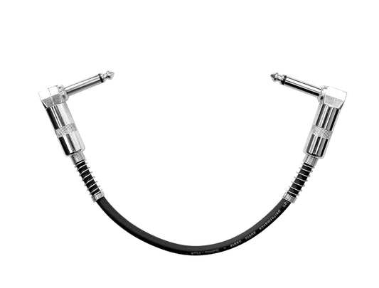 Black guitar cable with silver connectors on a white background