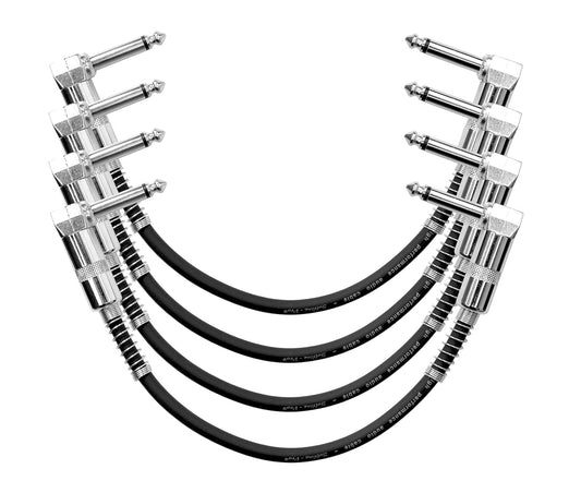 Set of black guitar cables with silver connectors on a white background
