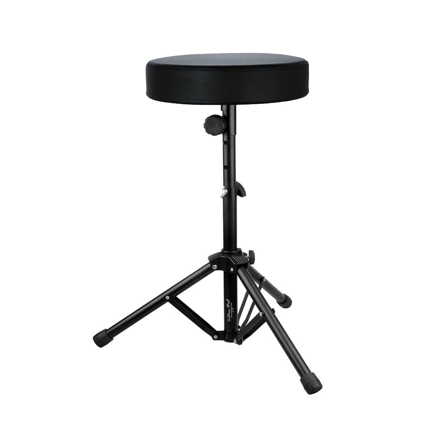 A black round padded drum stool with a tripod base, adjustable height, and foldable design.