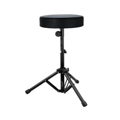 A black round padded drum stool with a tripod base, adjustable height, and foldable design.