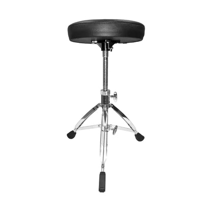 A chrome-framed, round padded drum stool with double-braced anti-slip legs and an adjustable height mechanism.